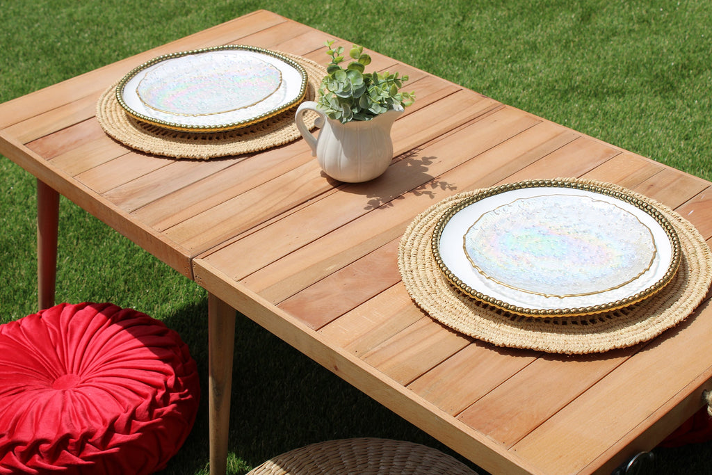 Payton James Tous Les Jours Raffia woven crochet placemat, natural-colored tabletop accessory with intricate woven design.