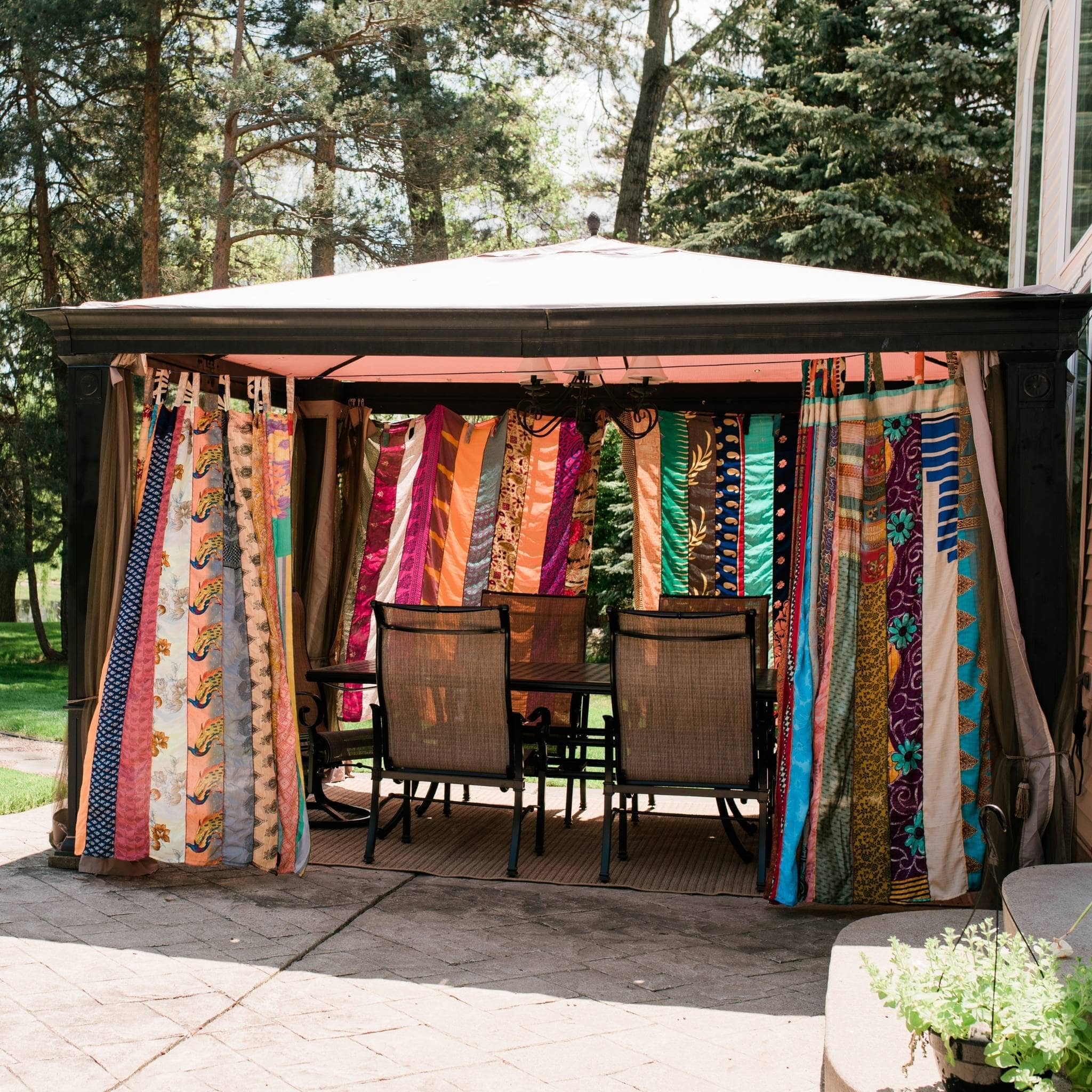 Colorful Oasis Drapes by Darn Good Yarn, recycled sari curtains for outdoor patio decor, boho eco-friendly home decor.