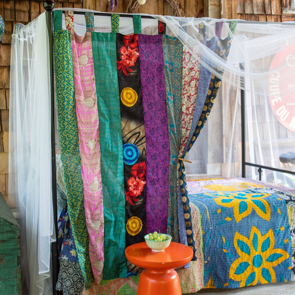 Rainbow Oasis recycled sari curtains by Darn Good Yarn, featuring colorful eco-friendly crochet and boho-inspired home decor.