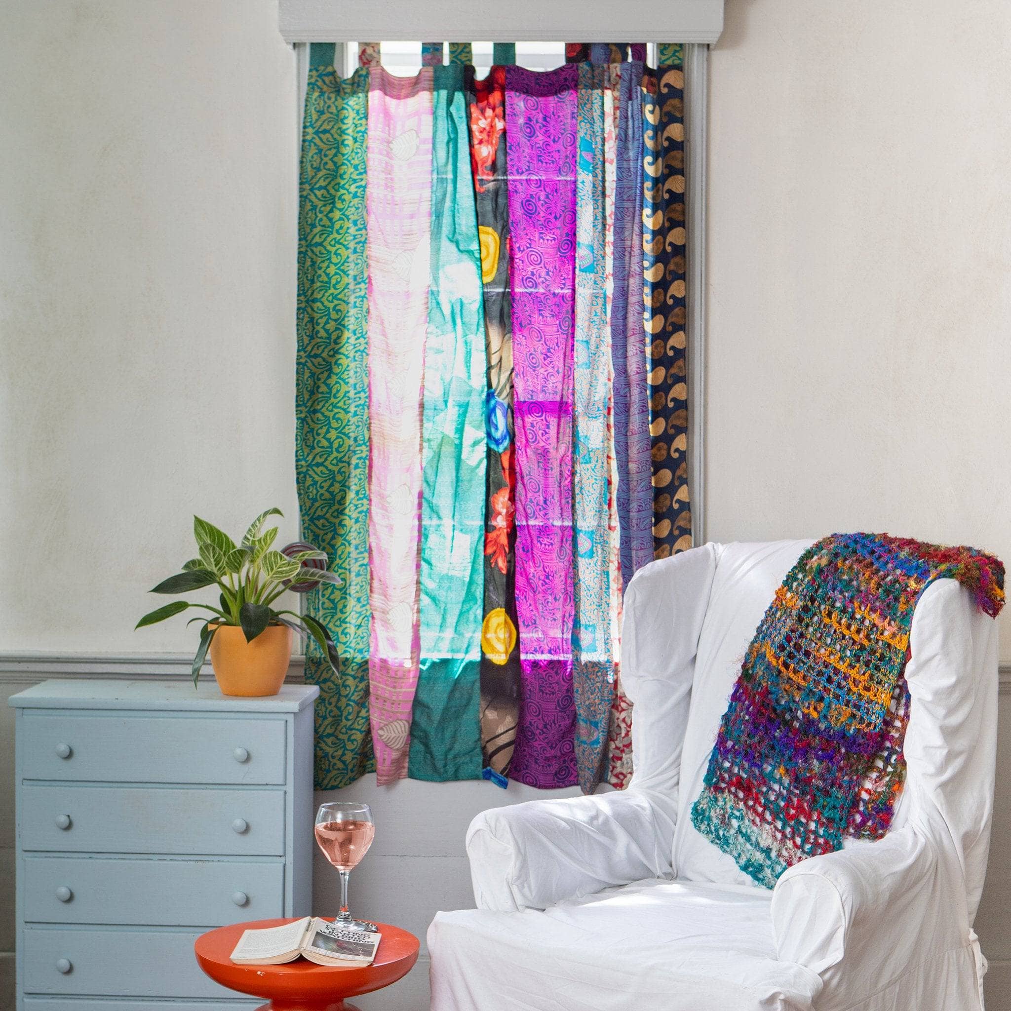 Rainbow Oasis Drapes by Darn Good Yarn, eco-friendly recycled sari curtains with boho crochet and knit details for home decor.