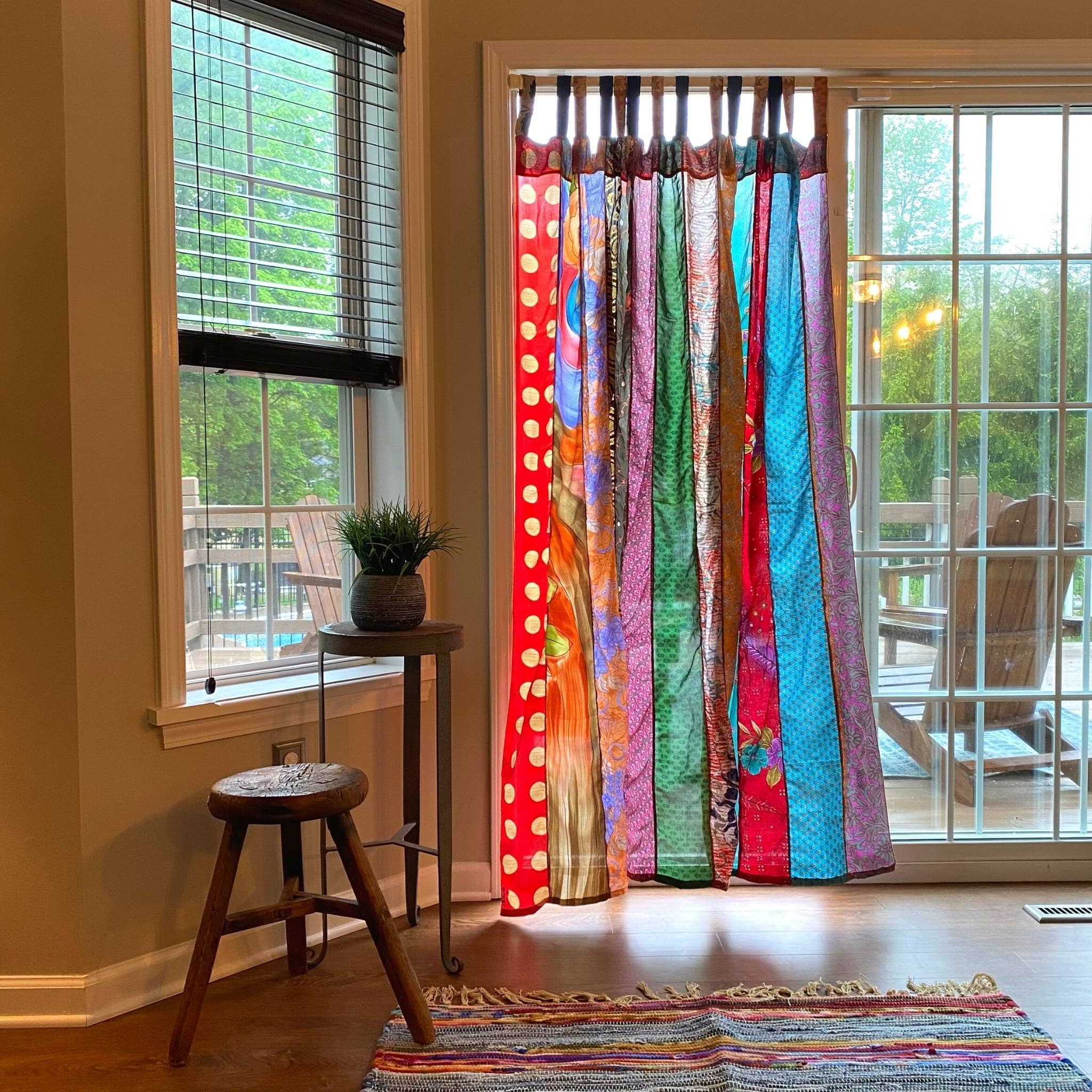 Colorful Oasis Drapes by Darn Good Yarn featuring recycled sari fabric, boho style, eco-friendly, short curtains for home decor.