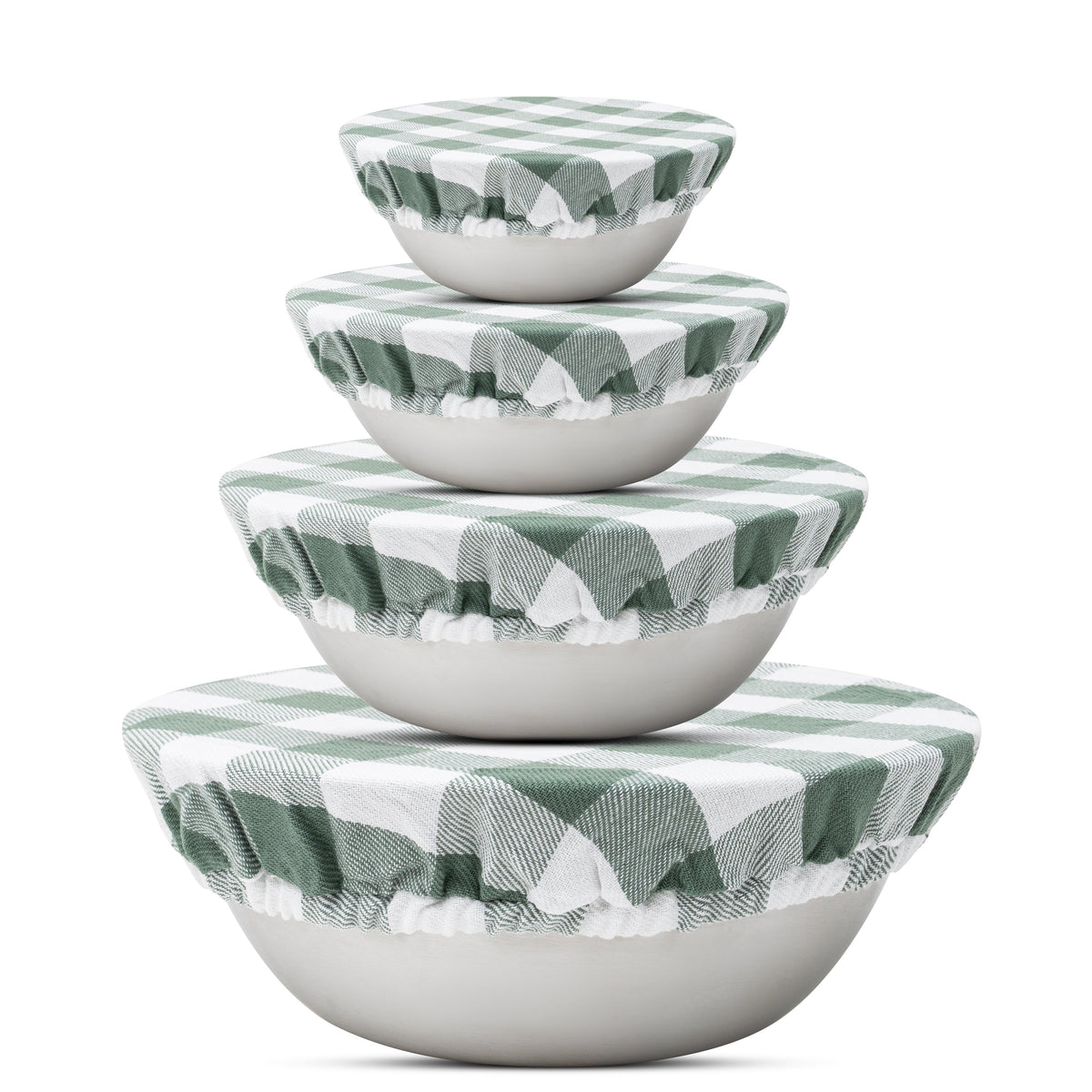 Sage green Organic Cotton Mart cloth bowl covers with elastic edges for reusable food storage.