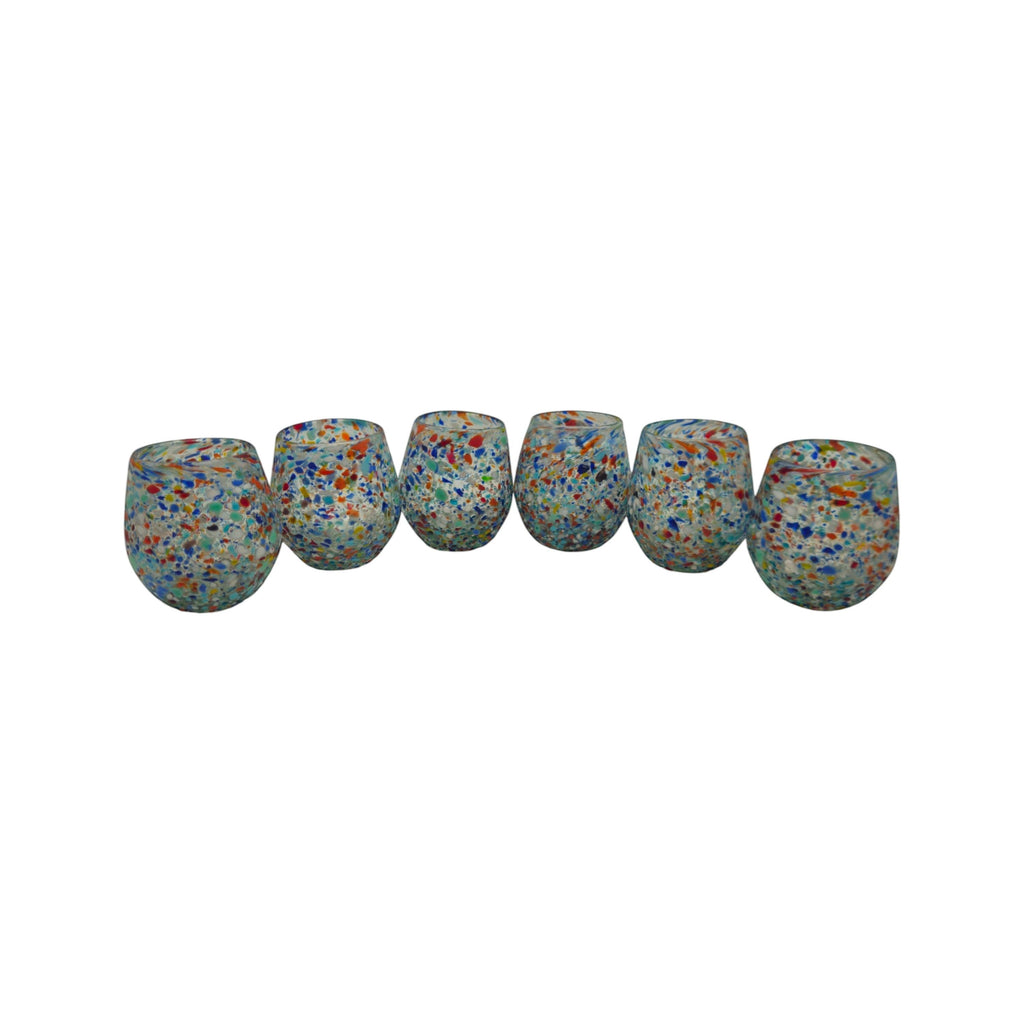 Handblown XL Mexican stemless wine glass with colorful confetti rock design by The Talavera Hub.