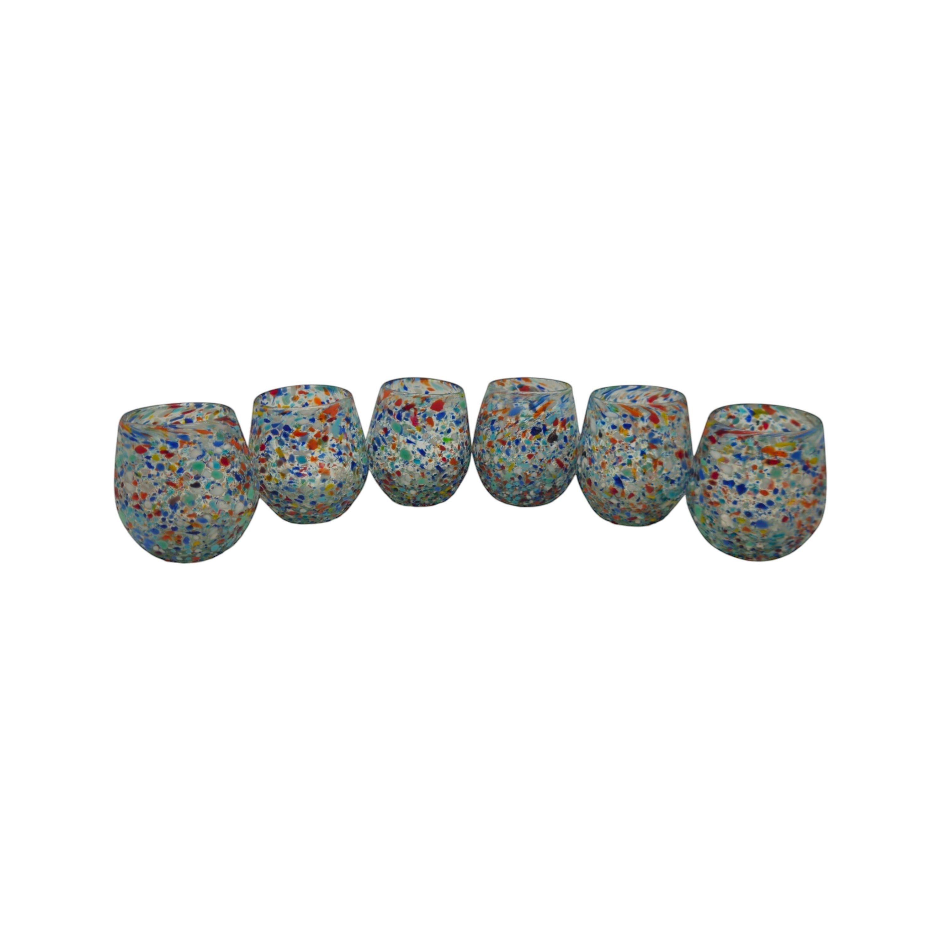 Handblown XL Mexican stemless wine glass with colorful confetti rock design by The Talavera Hub.