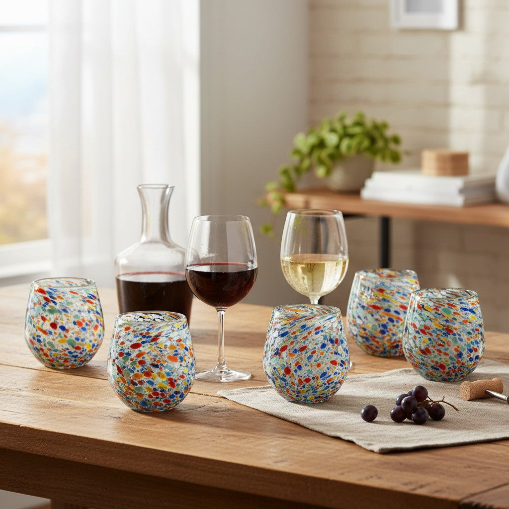 Handblown XL Mexican stemless wine glass with confetti rock design by The Talavera Hub, featuring colorful handcrafted details.