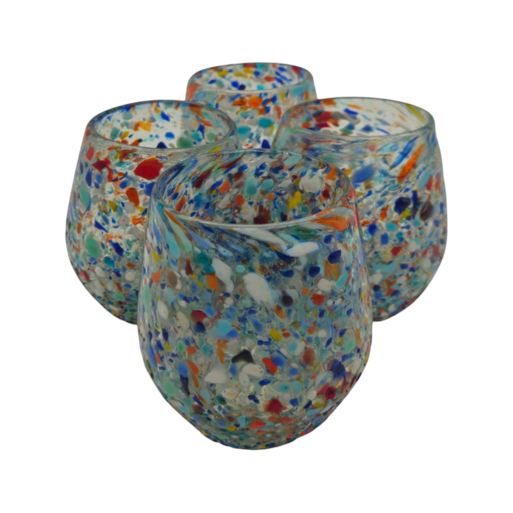 Handblown XL Mexican stemless wine glass with colorful confetti rock design by The Talavera Hub.