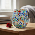 Handblown XL Mexican stemless wine glass with colorful confetti rock design by The Talavera Hub.