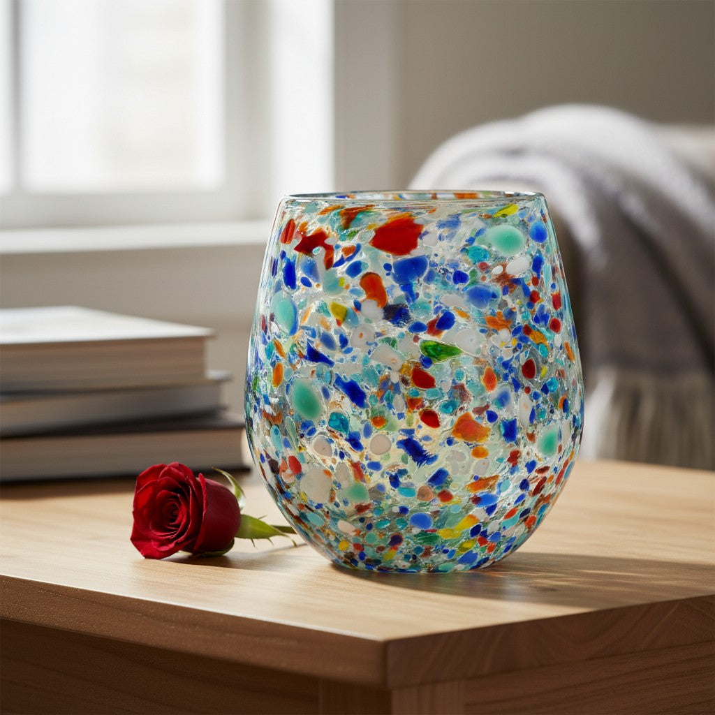 Handblown XL Mexican stemless wine glass with colorful confetti rock design by The Talavera Hub.