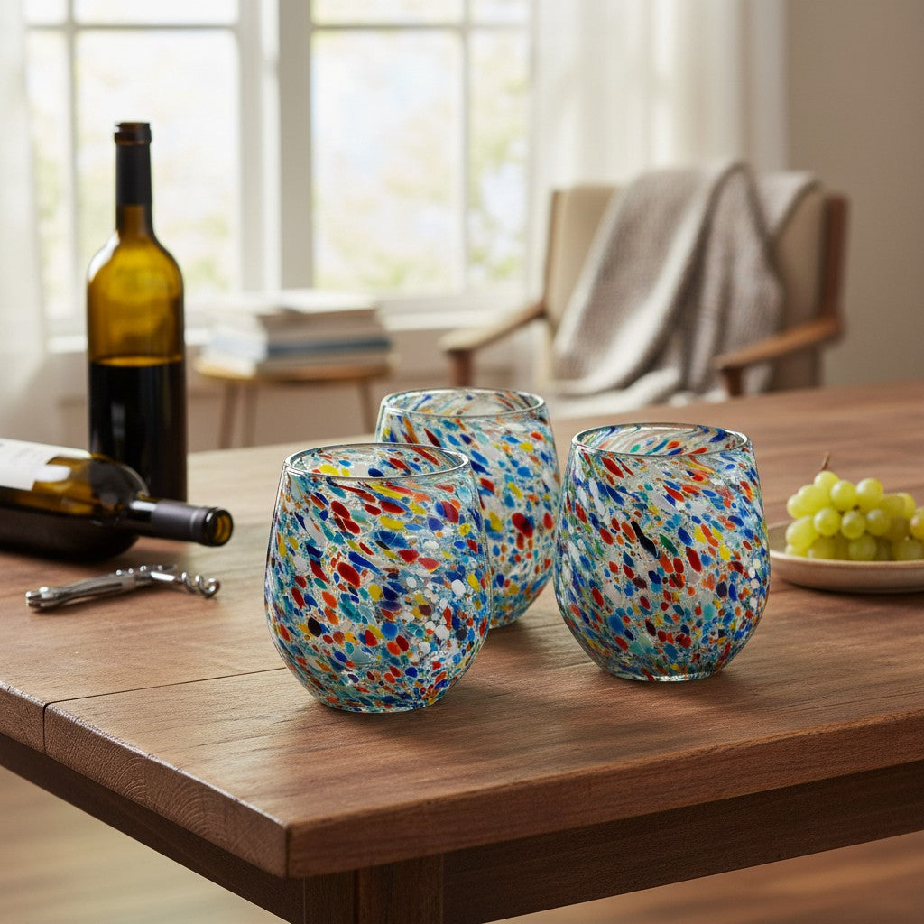 Handblown Mexican stemless wine glass with confetti rock design by The Talavera Hub, showcasing vibrant colors and artistic craftsmanship.