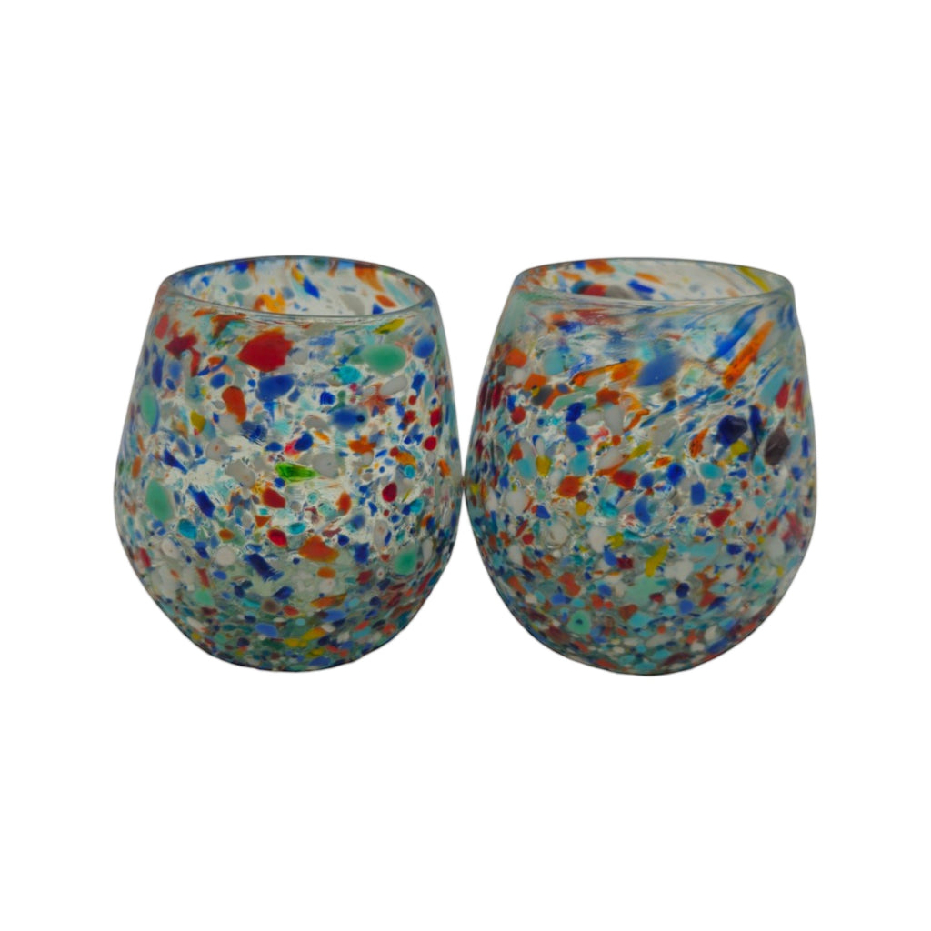 Handblown XL Mexican stemless wine glass with colorful confetti rock design by The Talavera Hub.