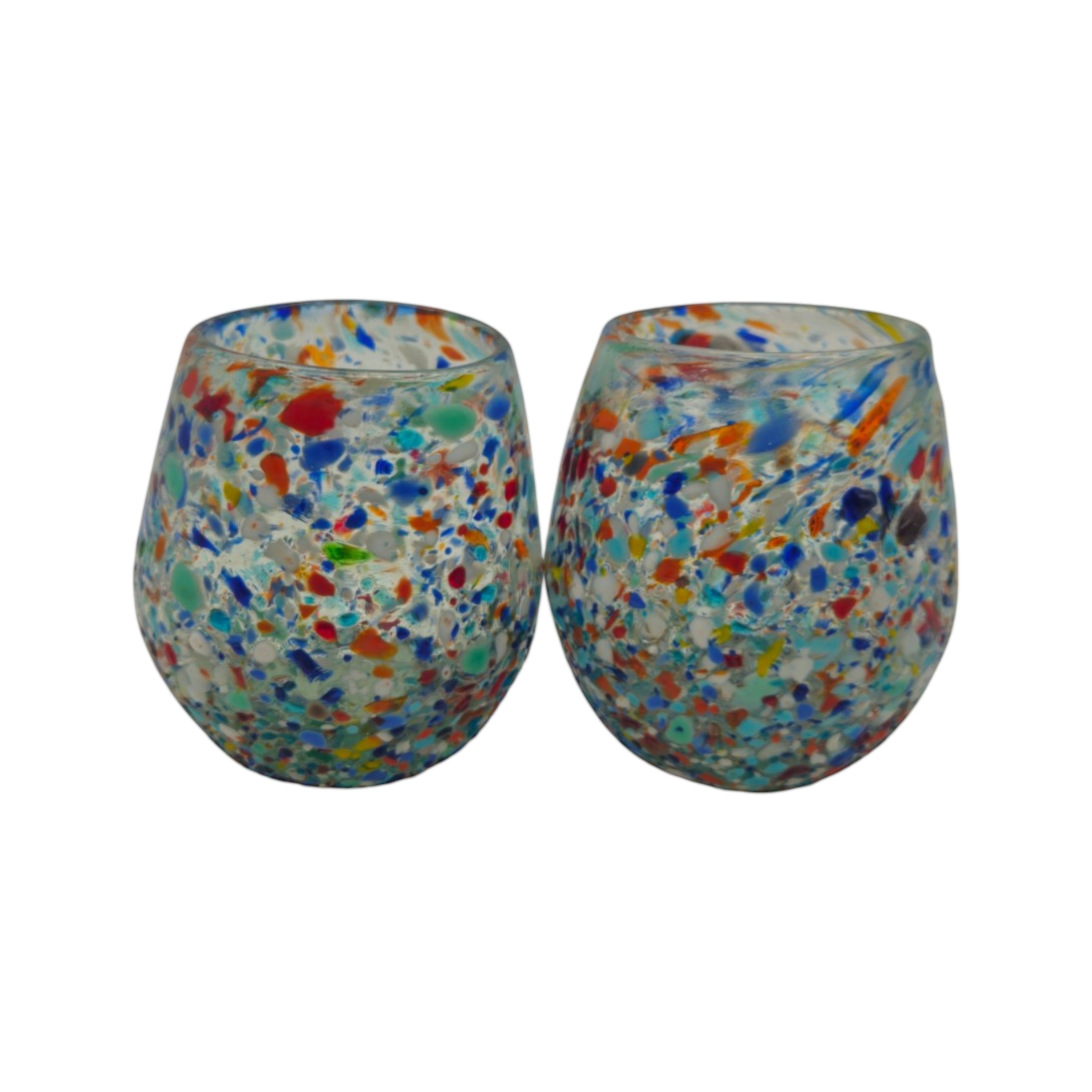 Handblown XL Mexican stemless wine glass with colorful confetti rock design by The Talavera Hub.