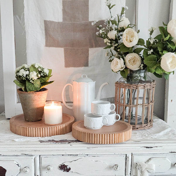 Set of two fluted wooden display trays by Decor Steals, featuring textured surfaces and natural wood finish for home decor.