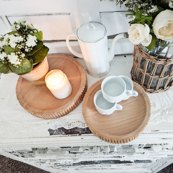 Set of two fluted wooden display trays by Decor Steals, featuring natural wood texture and scalloped edges, ideal for organizing and decor.