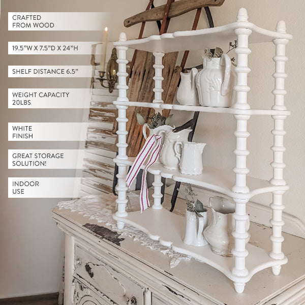 White spindle wood shelf by Decor Steals, showcasing a decorative wall-mounted storage unit with spindle detailing.